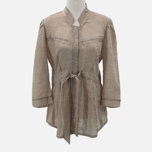 Pete & Greta Button Front Waist Tie Rustic Cotton Blouse in Tan - Size Small